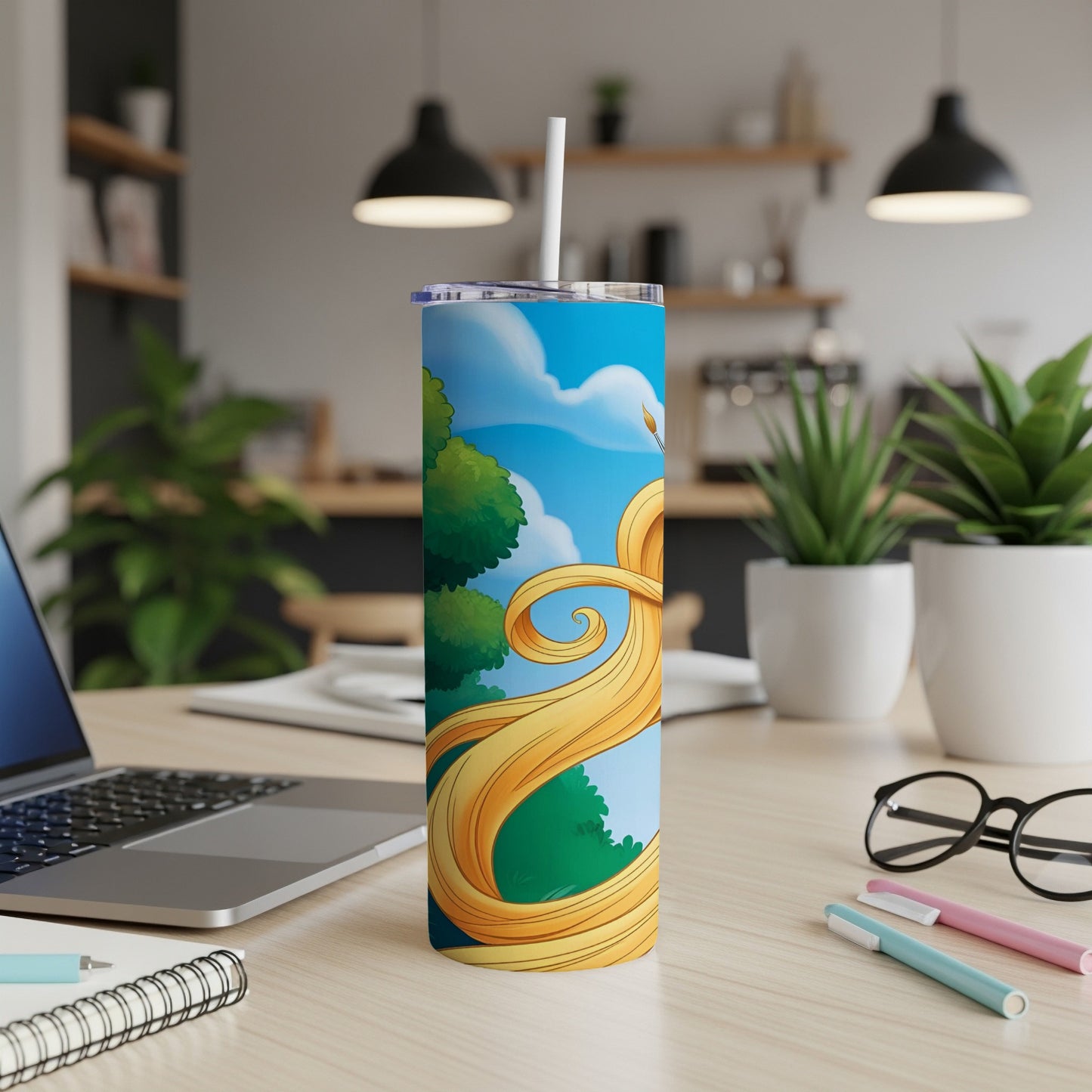 Tall tumbler with Rapunzel's long blonde hair and a blue sky with clouds.