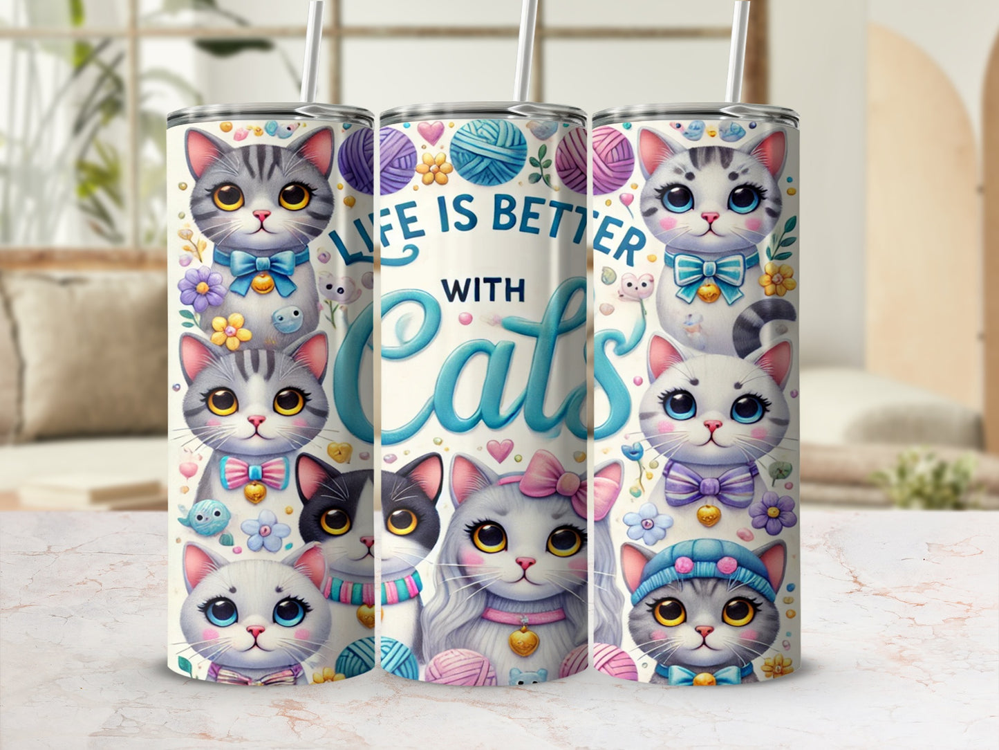 Life is Better With Cats Cute Cat Art Tumbler