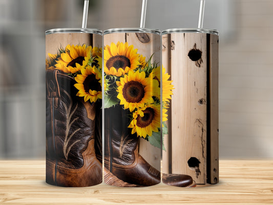 Brown cowboy boot with sunflowers, a wooden background.
