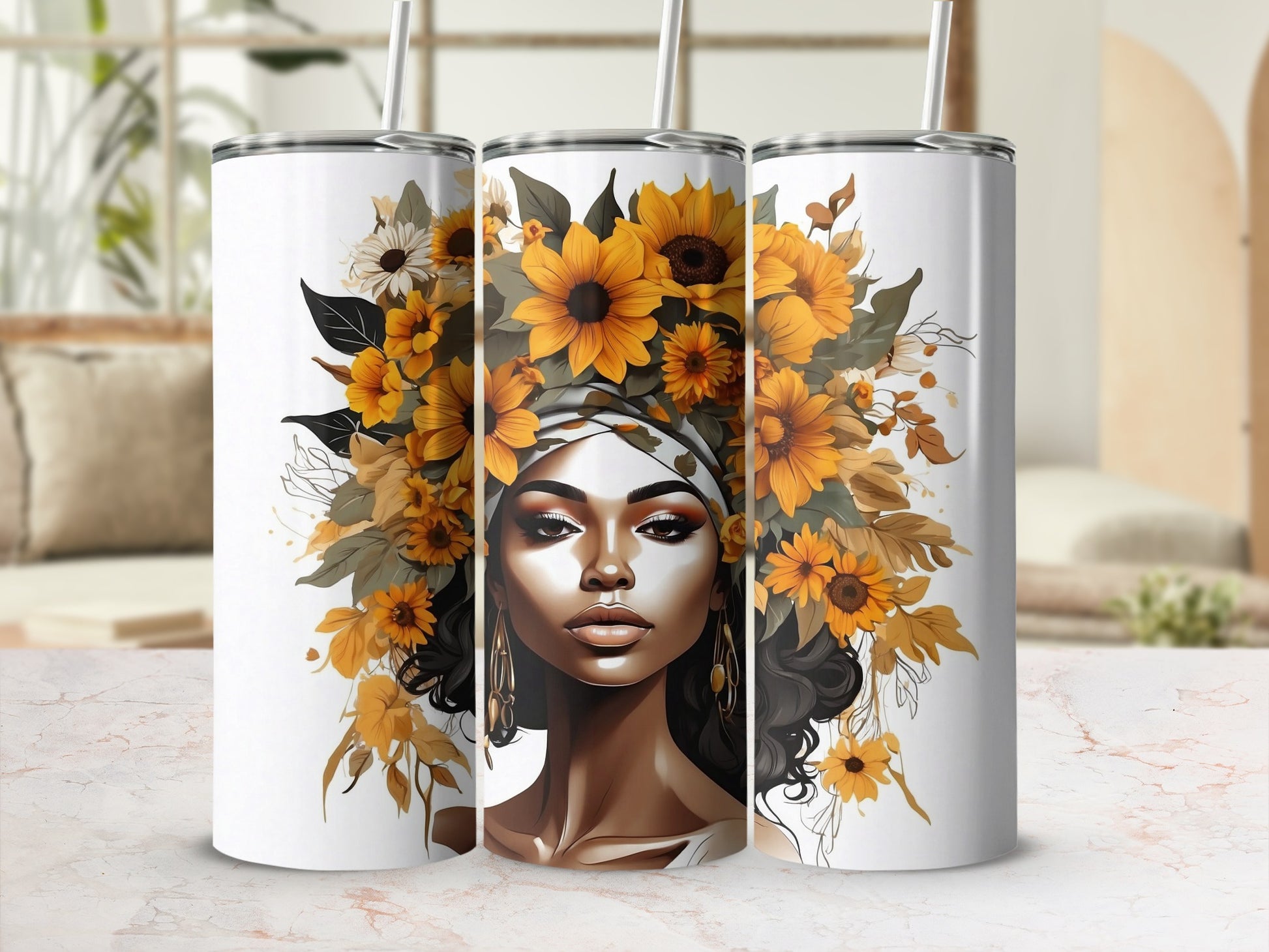Woman with sunflowers in her hair on a white tumbler cup.
