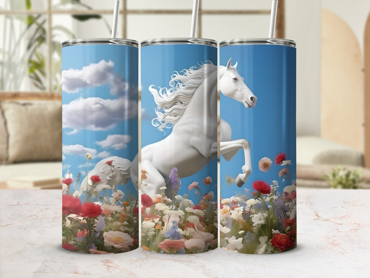 Majestic white horse in floral meadow travel mug
