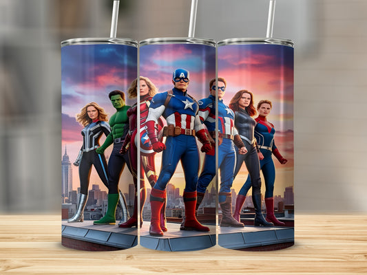 The Avengers stand on a rooftop with a city skyline at sunset.
