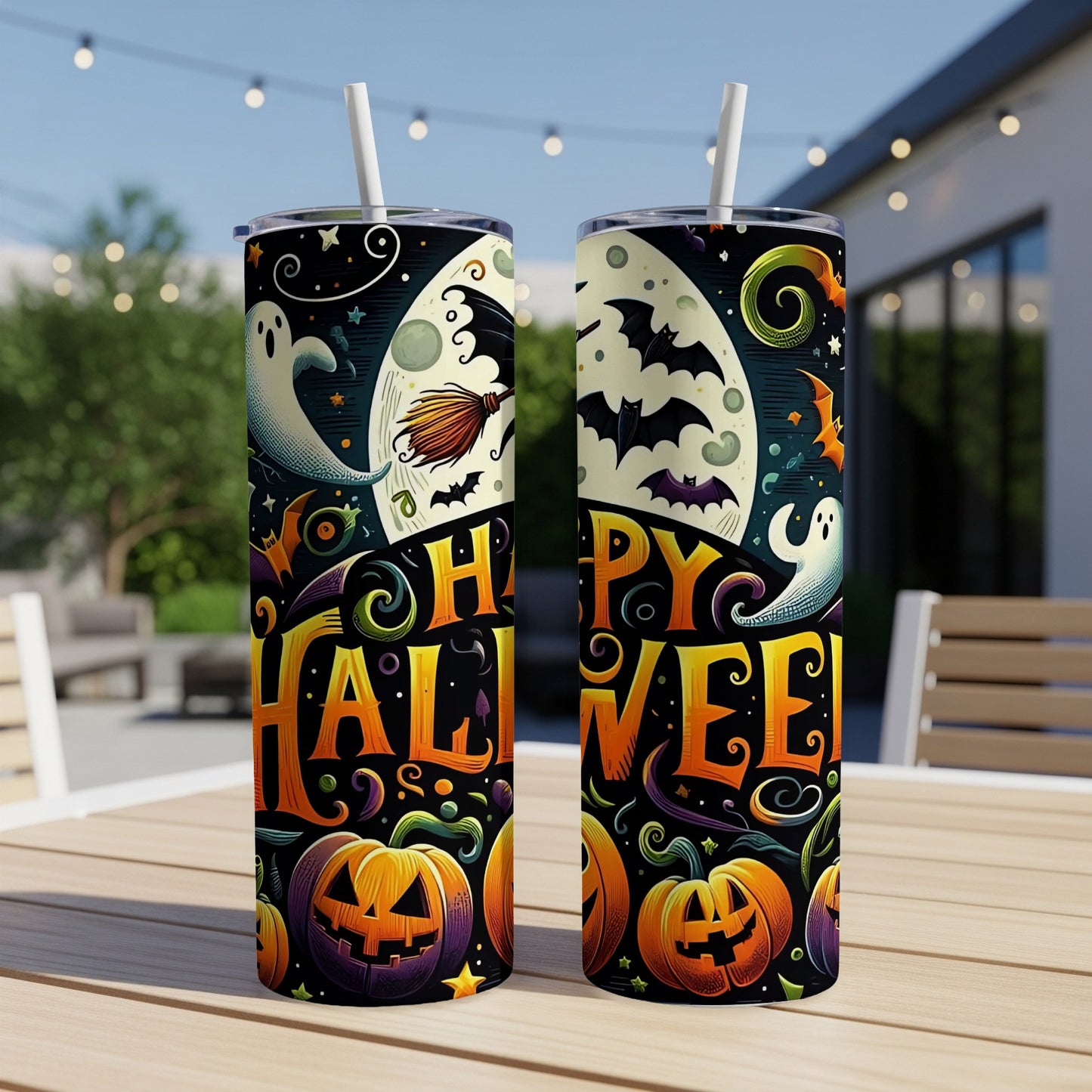 Two tumblers with Halloween design featuring ghosts, bats, pumpkins, and "Happy Halloween" text.