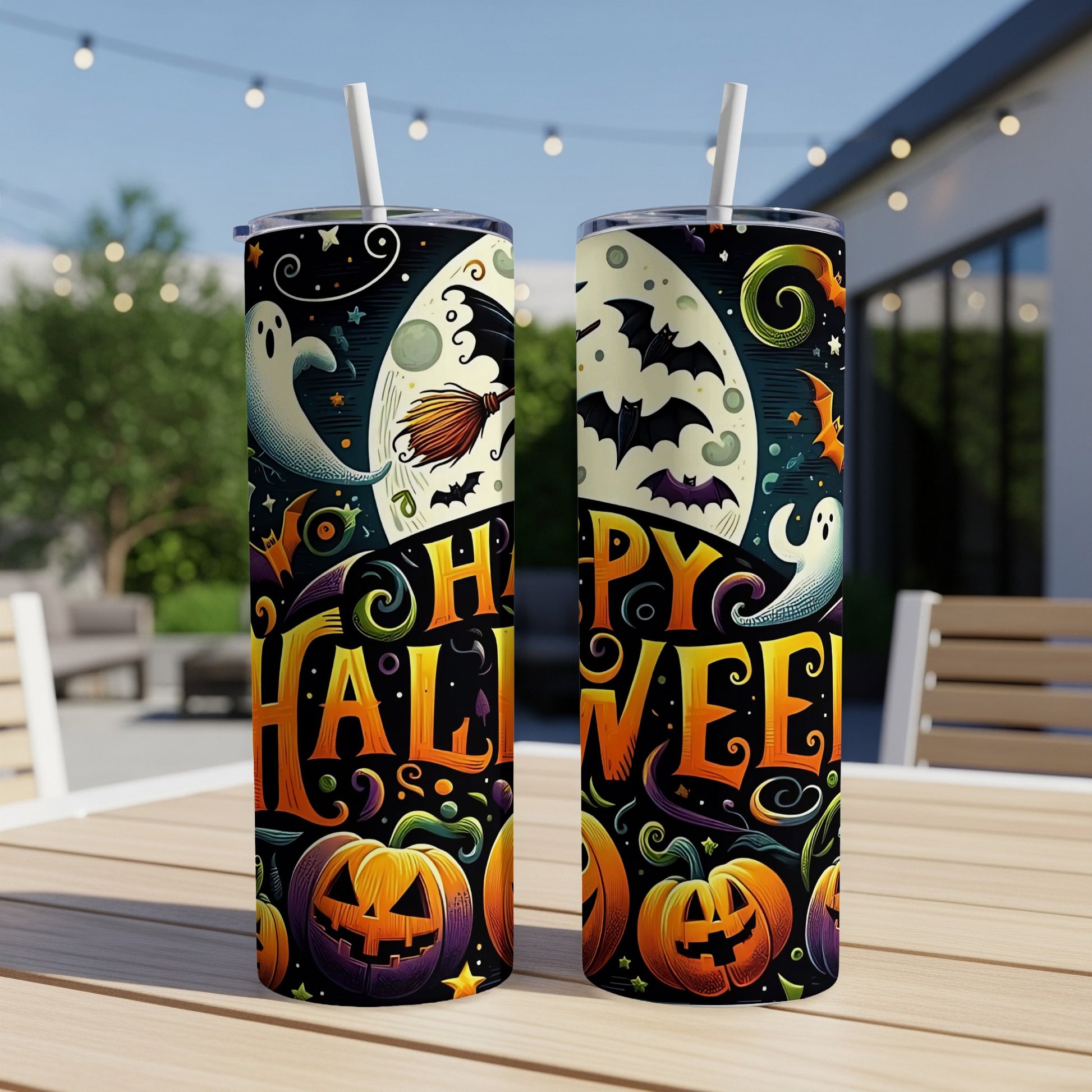 Two tumblers with Halloween design featuring ghosts, bats, pumpkins, and "Happy Halloween" text.