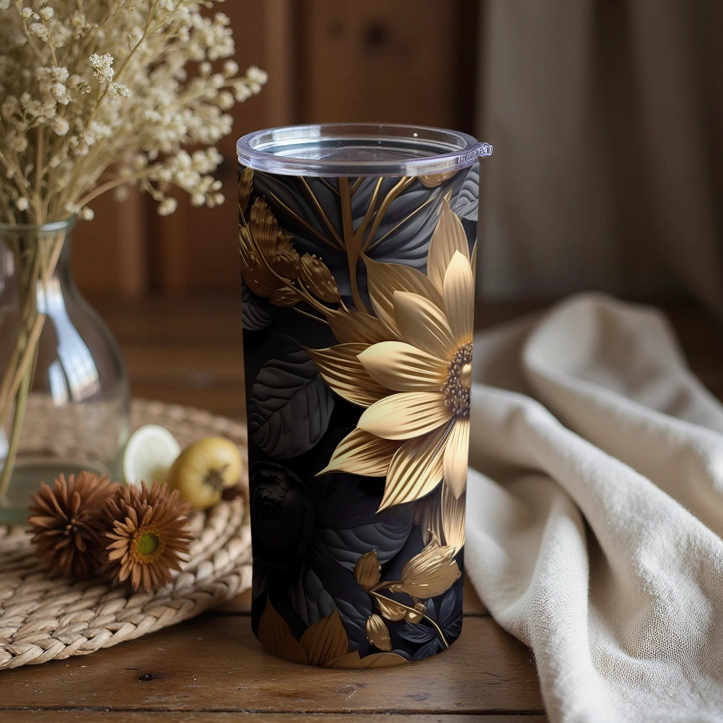Elegant Black and Gold Floral Tumbler with Lid