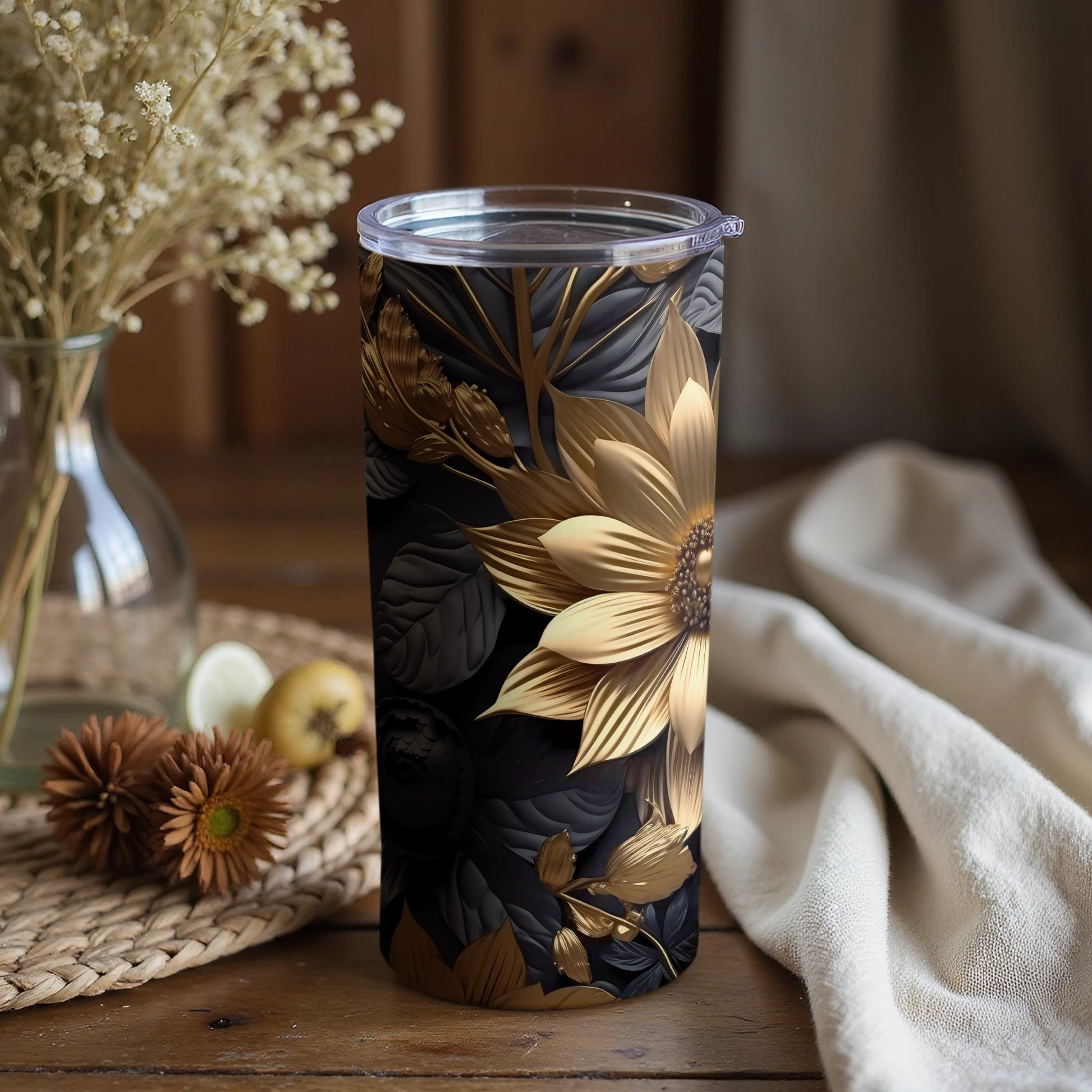 Elegant Black and Gold Floral Tumbler with Lid