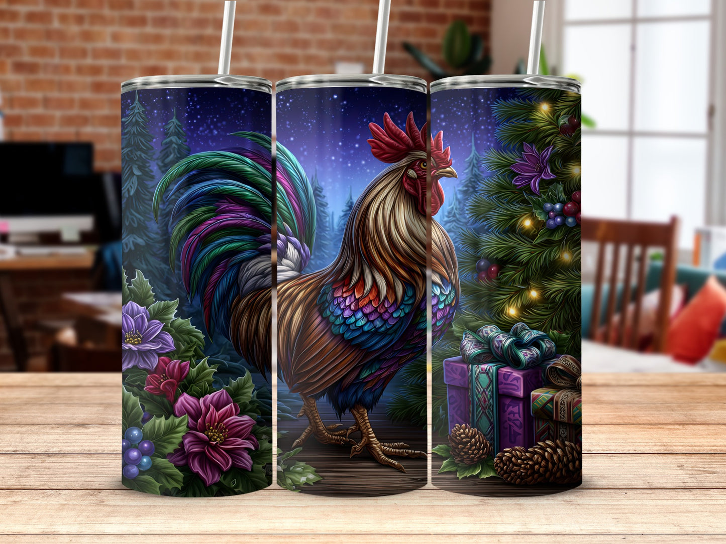 Colorful Rooster Design Insulated Tumbler Set