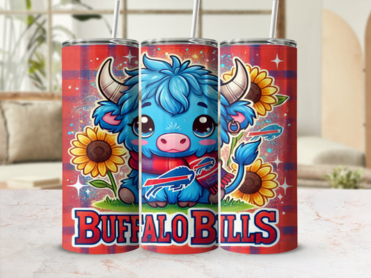 Buffalo Bills tumbler with cute blue bull wearing a red scarf and sunflowers.