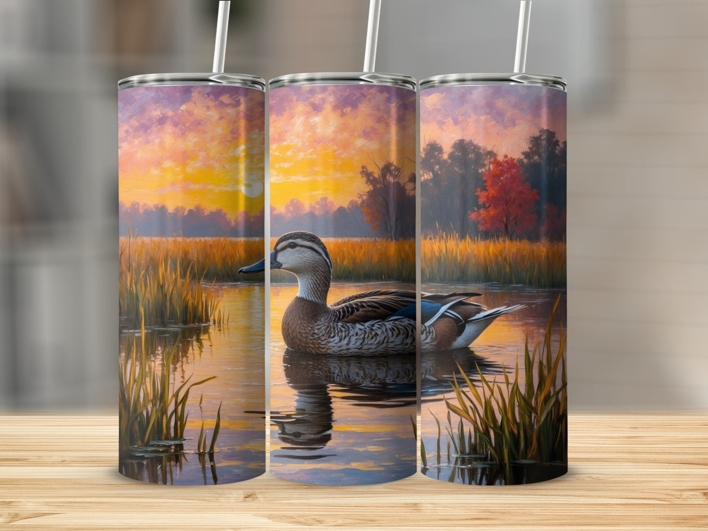 Duck swimming in water with sunset and trees in background.
