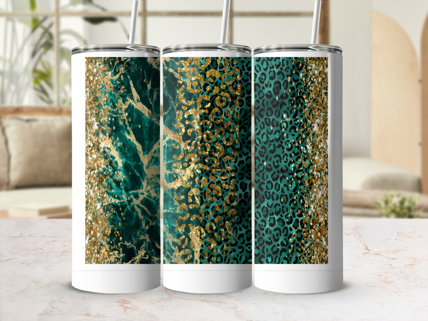 Teal Gold Glitter Leopard Marble Pattern Tumbler product type