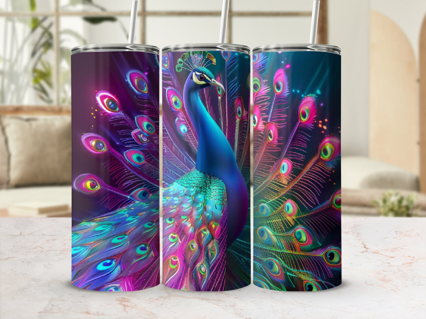 Vibrant peacock with iridescent feathers displayed on a decorative tumbler.
