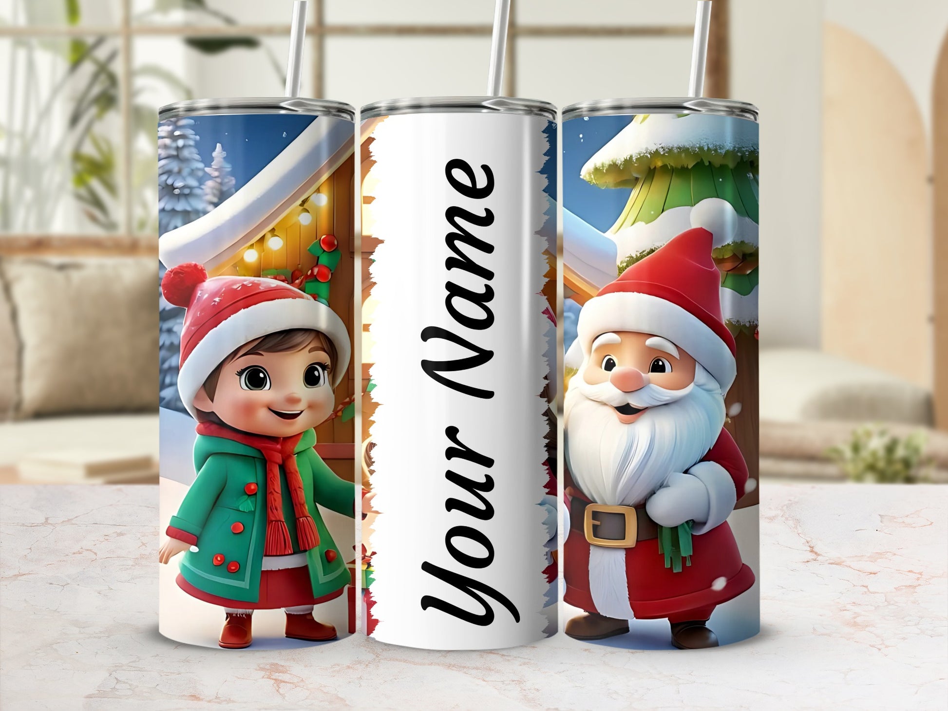 Personalized Christmas Santa and Elf Character Tumbler