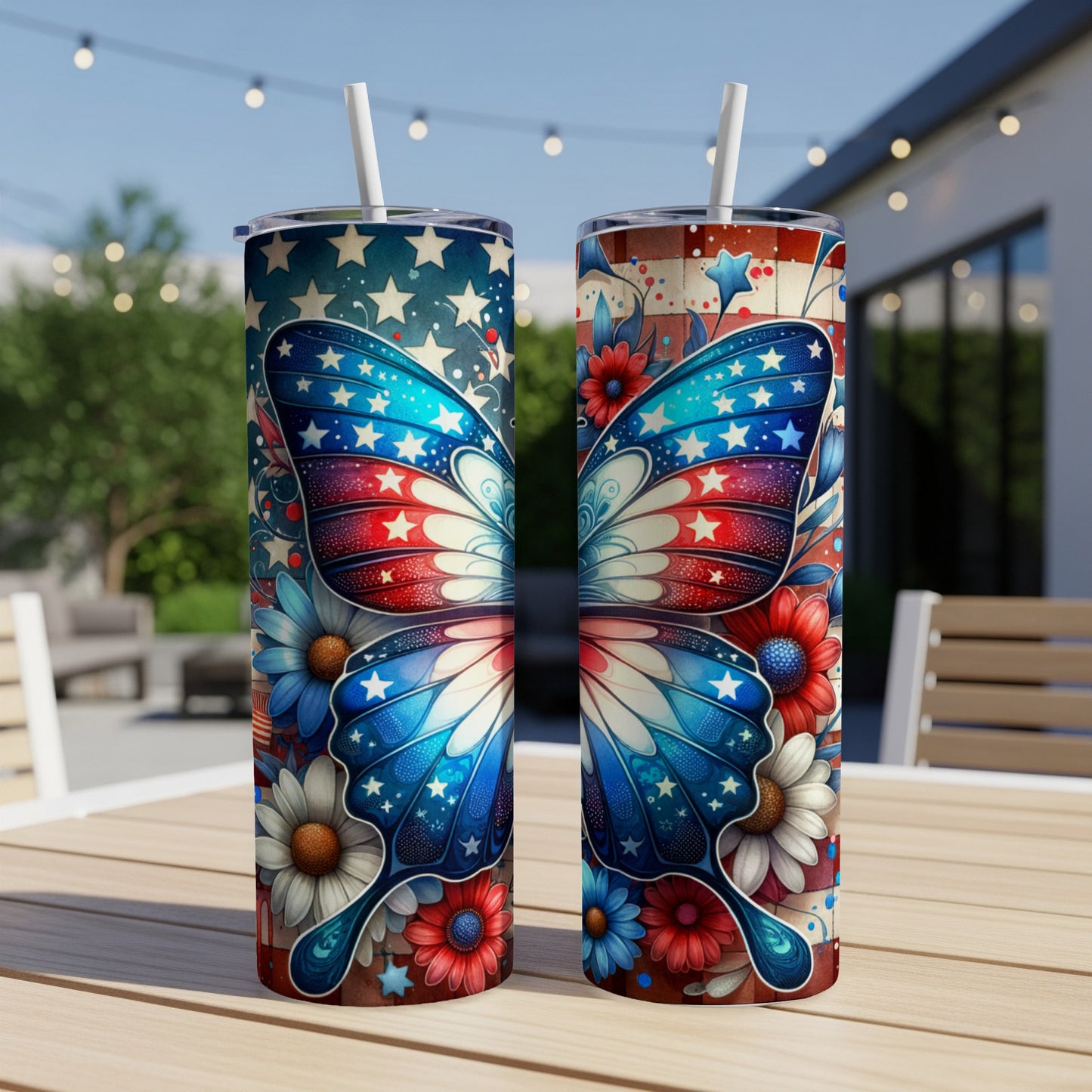 Two tall tumblers with patriotic butterfly and floral designs.
