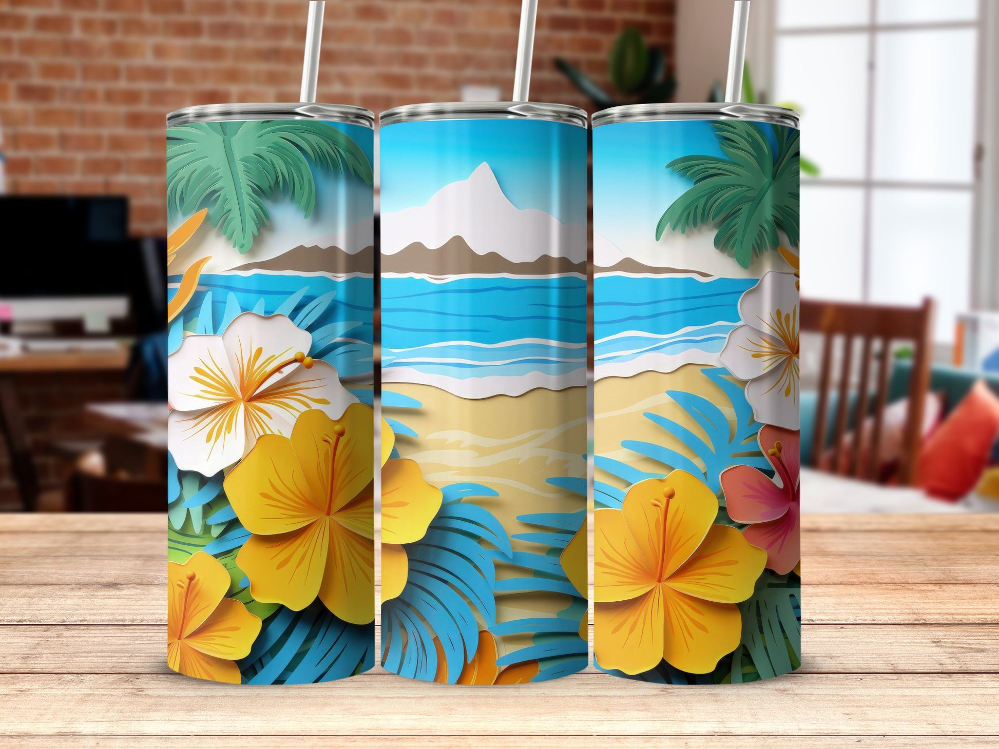 Tropical Beach Scene with Flowers Tumbler