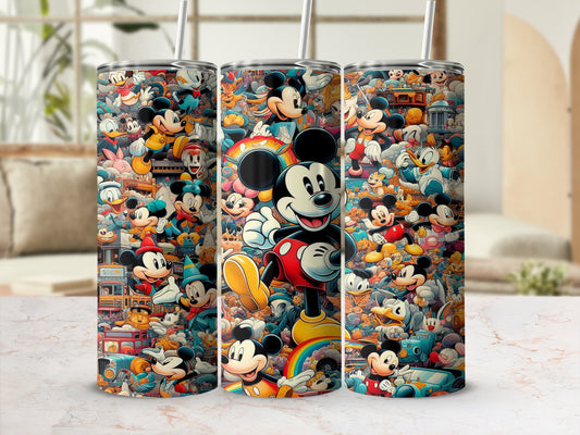 Mickey Mouse collage on three tumblers with straws.