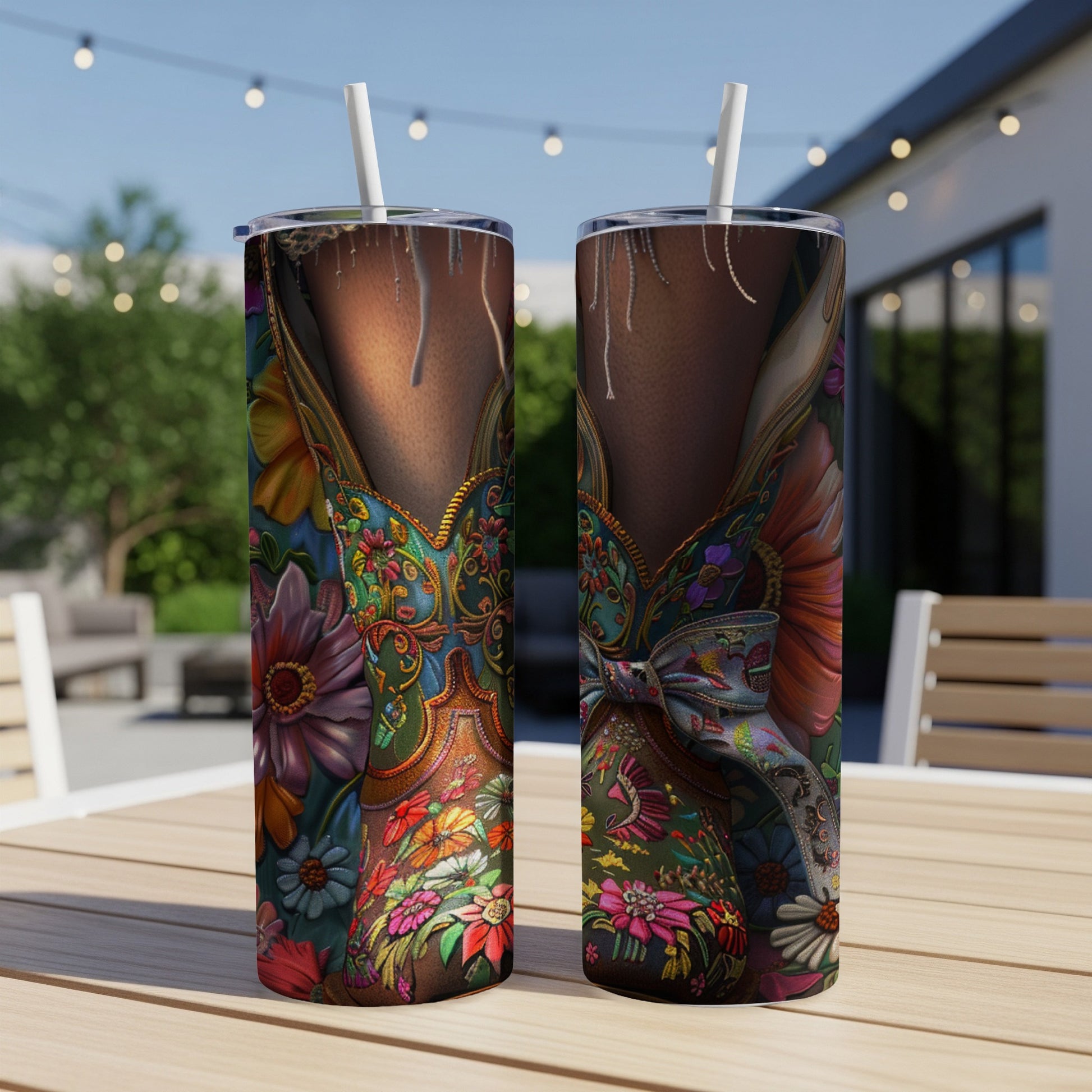Two tumblers with vibrant floral and jeweled corset design on outdoor table.