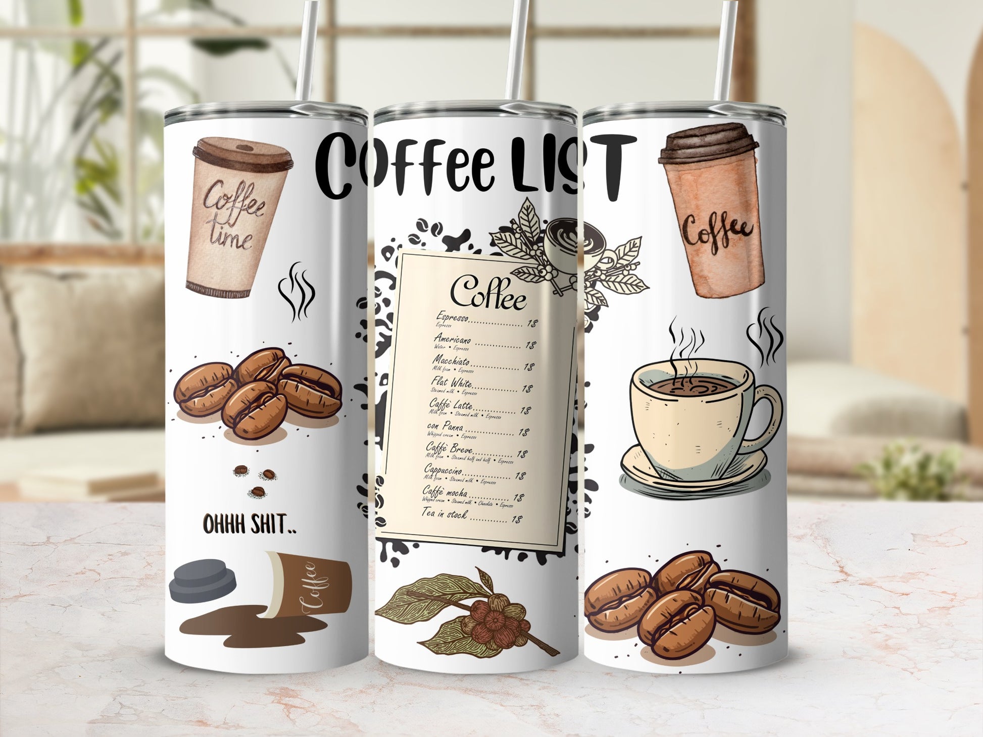 Coffee Themed Tumbler with Lid and Straw Product