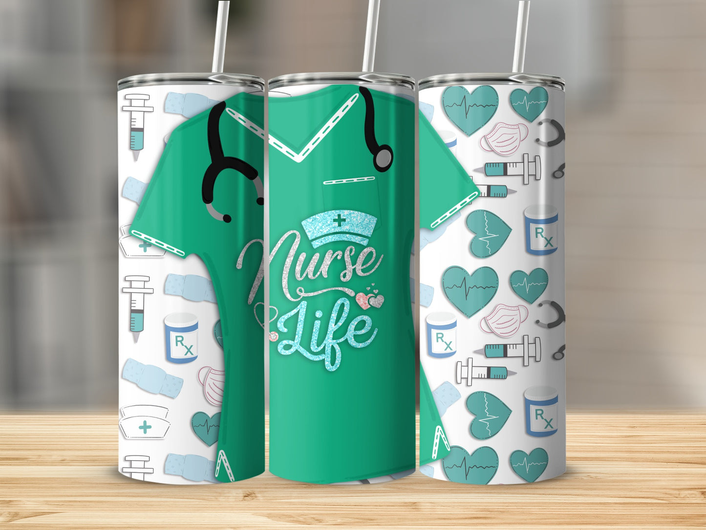 Teal tumbler with "Nurse Life" text and medical icons.