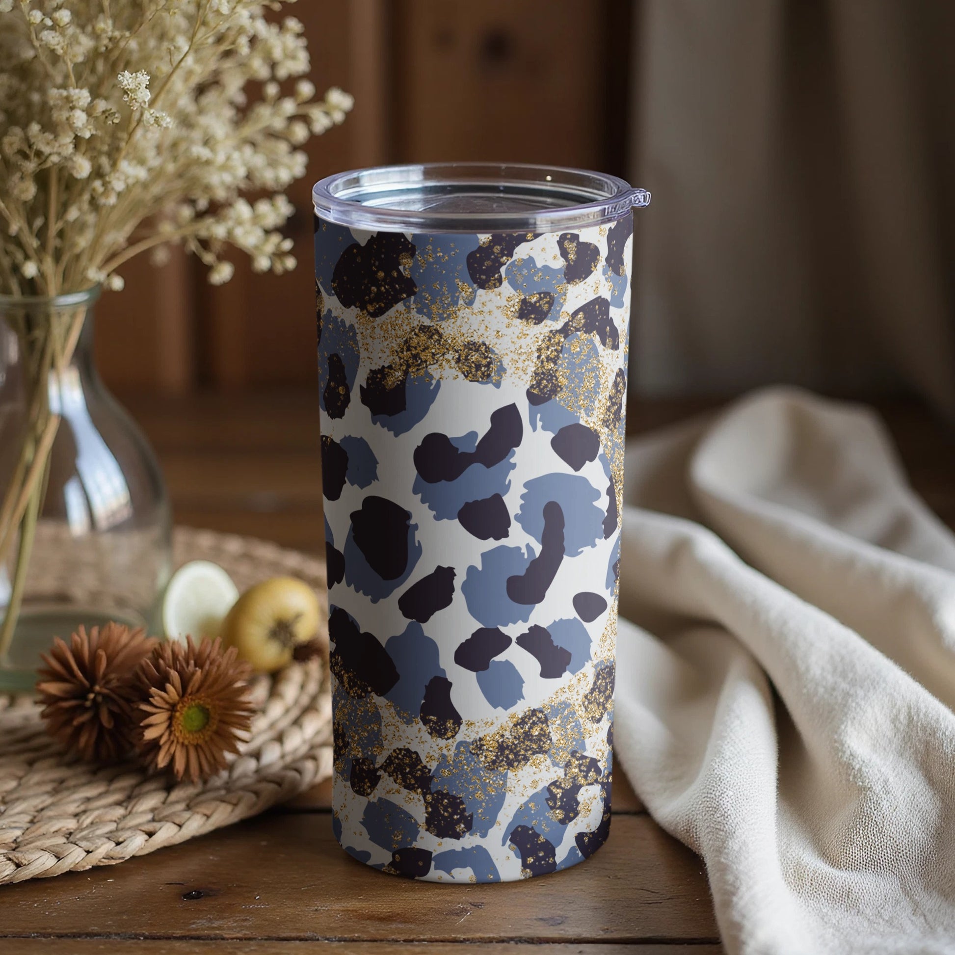 Leopard Print Design Insulated Tumbler with Glitter Finish
