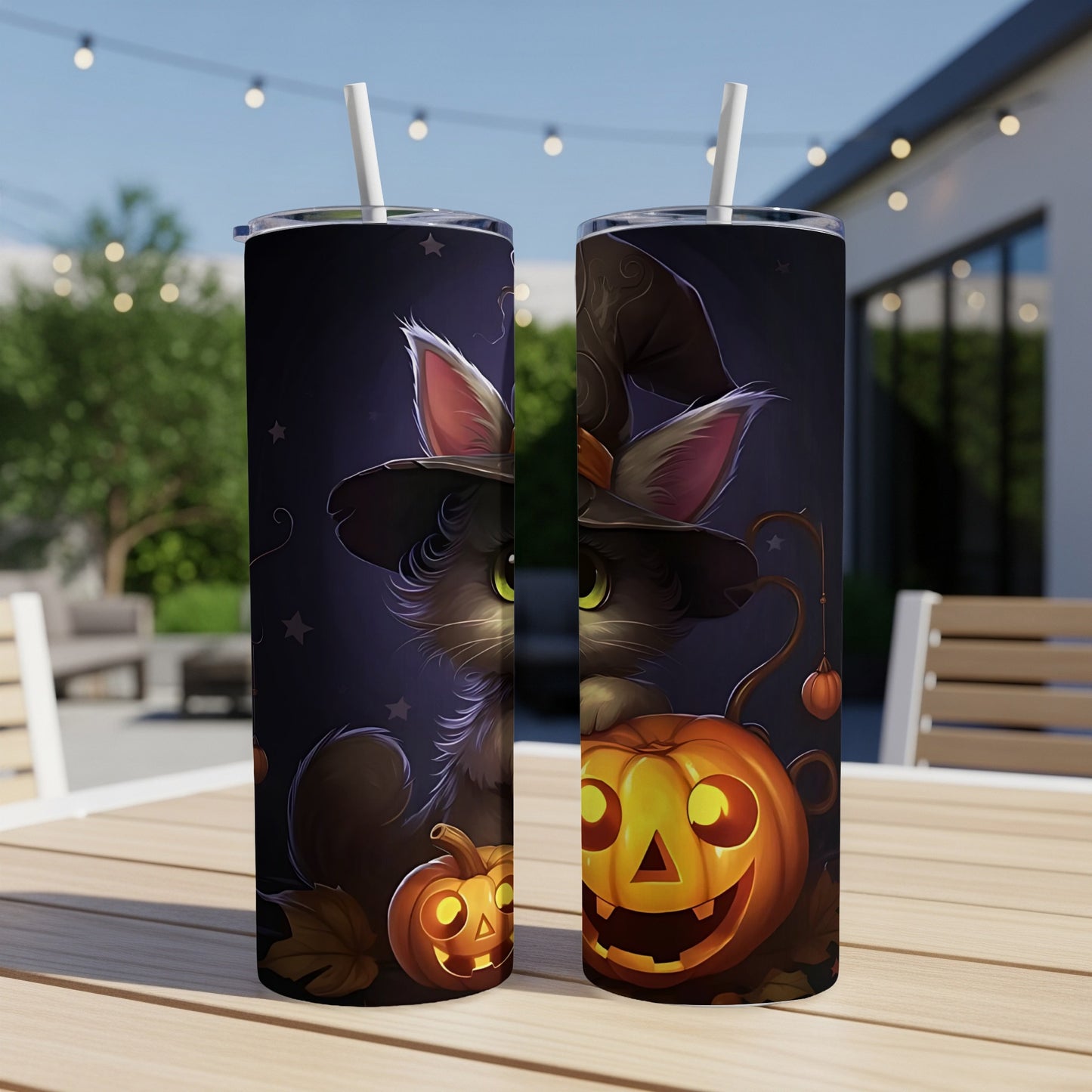 Two tumblers with Halloween art featuring a black cat in a witch hat and pumpkins.