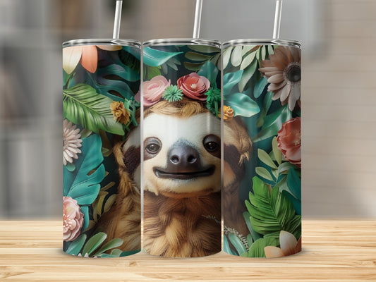 Sloth face with floral crown on three tropical leaf tumblers.