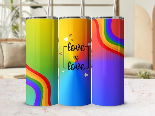 Three tumblers with rainbow designs and "love is love" text.