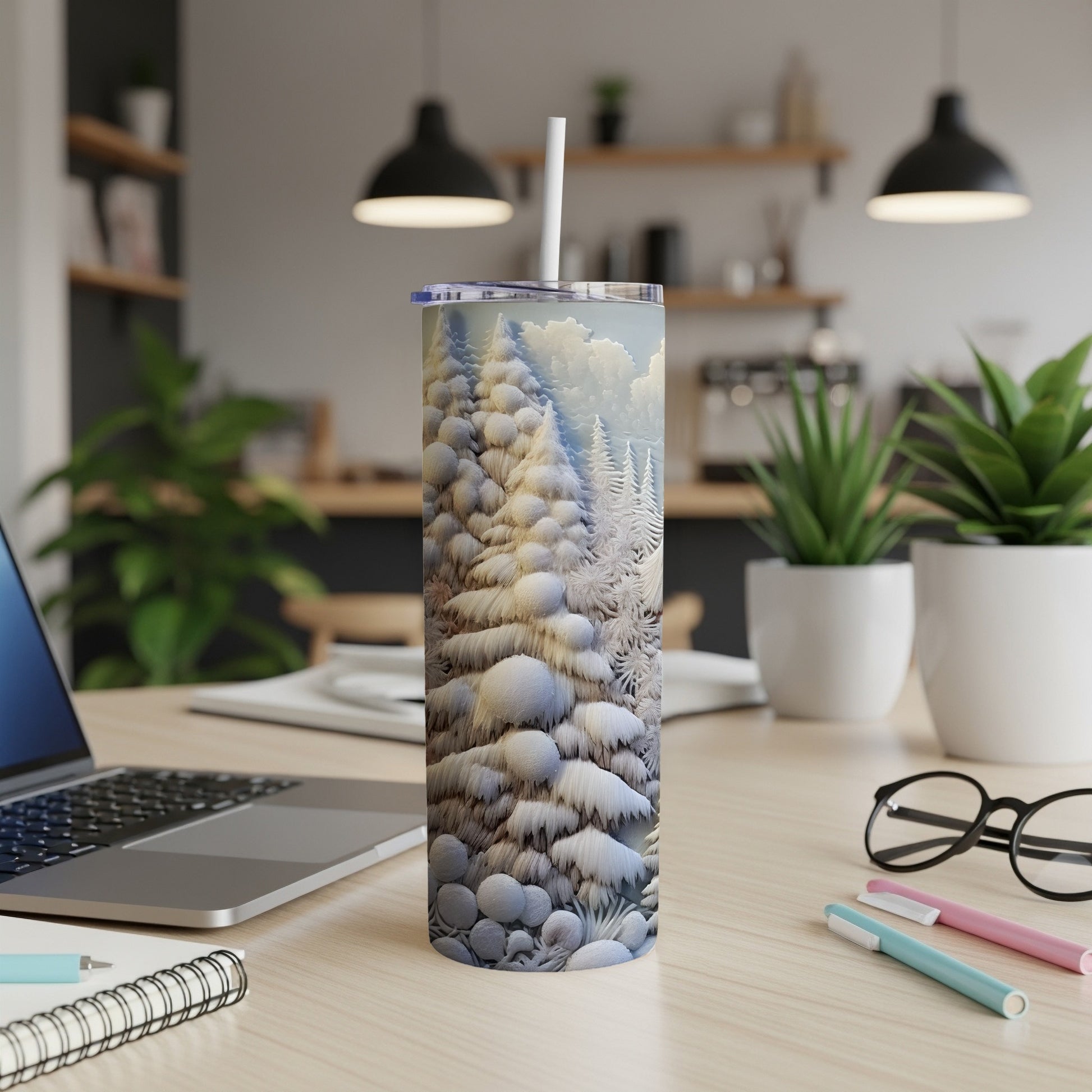 Winter forest scene on a white insulated tumbler with a straw.