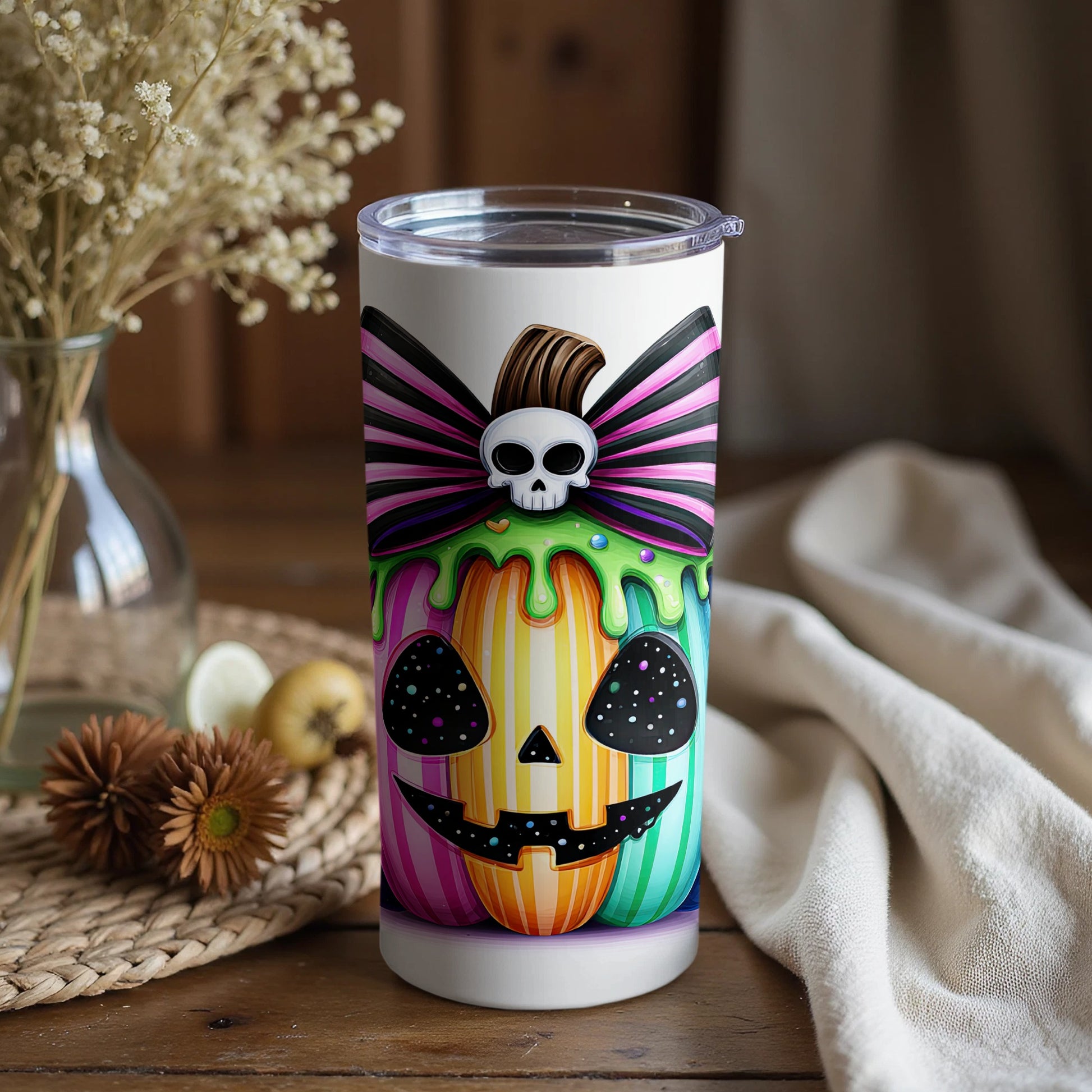 Colorful Rainbow Skull Pumpkin Tumbler for Unique Style