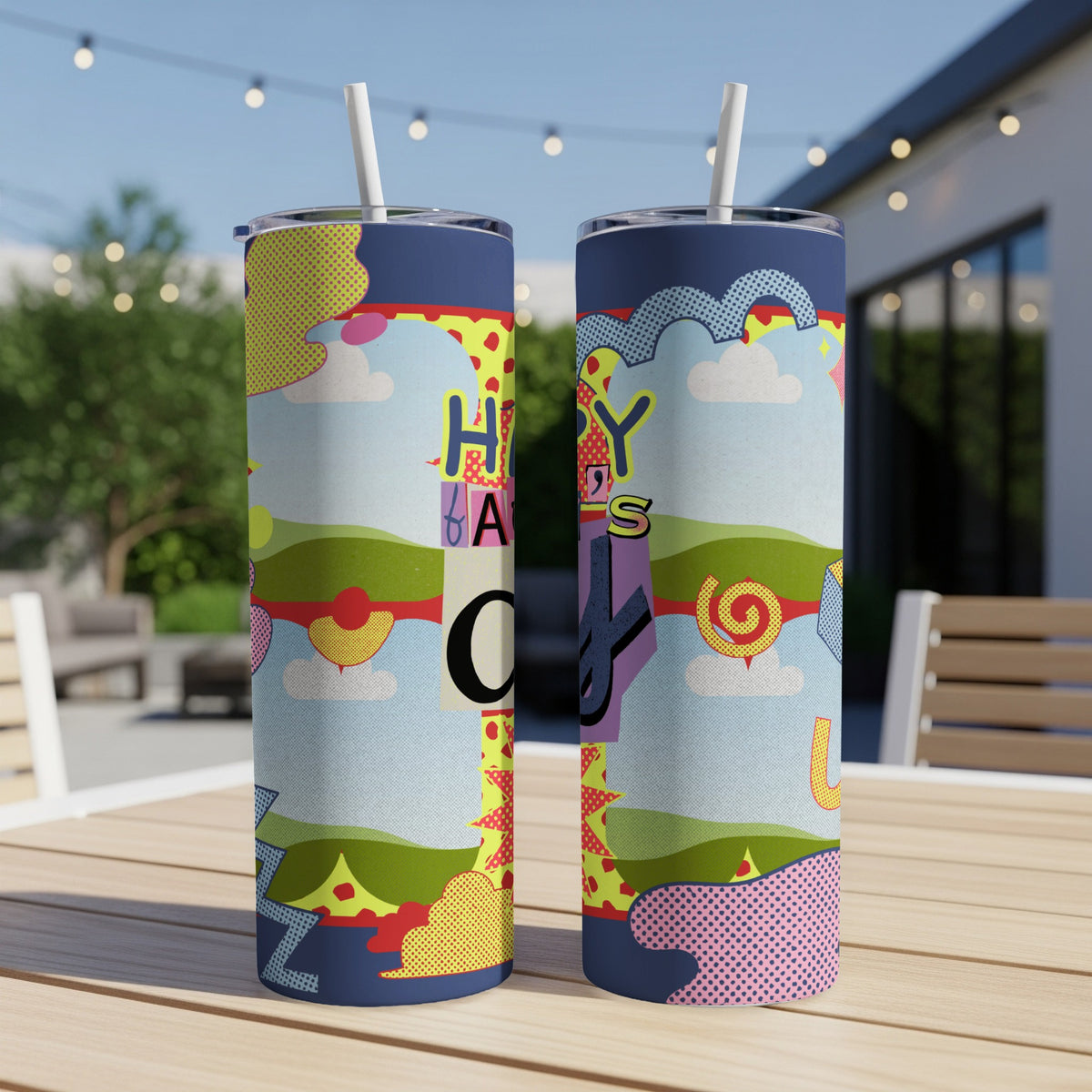 Two tumblers with colorful, abstract patterns and the words "Happy" and "Day" visible.
