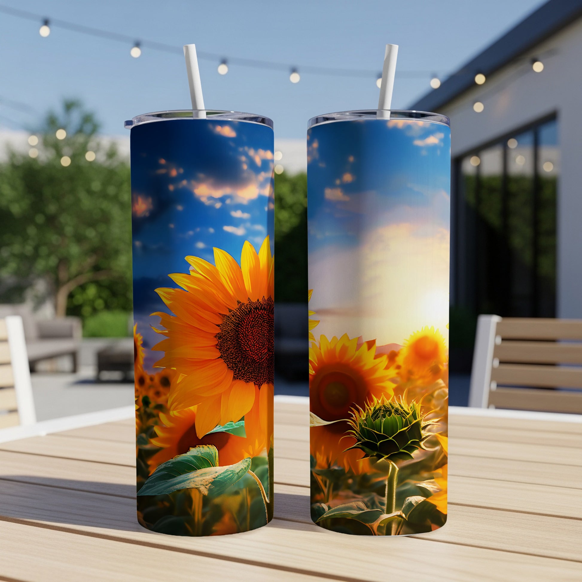 Two tumblers with sunflowers and a sunset on a patio table.
