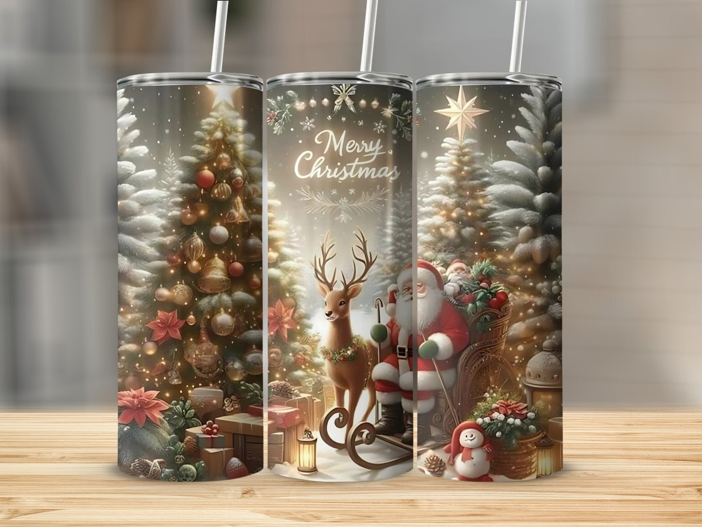 Festive Merry Christmas Tumbler with Santa and Reindeer