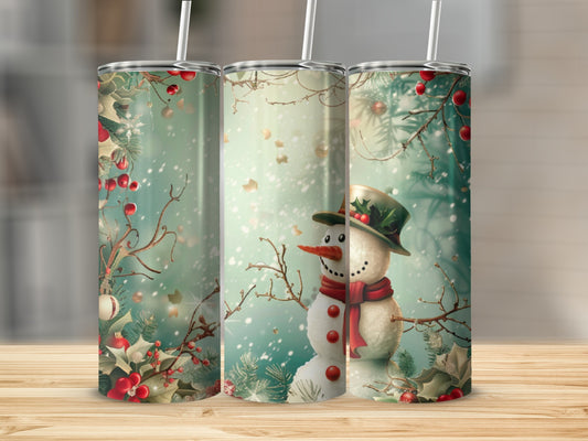 Three snowmen with red scarves and green hats on a wooden surface.