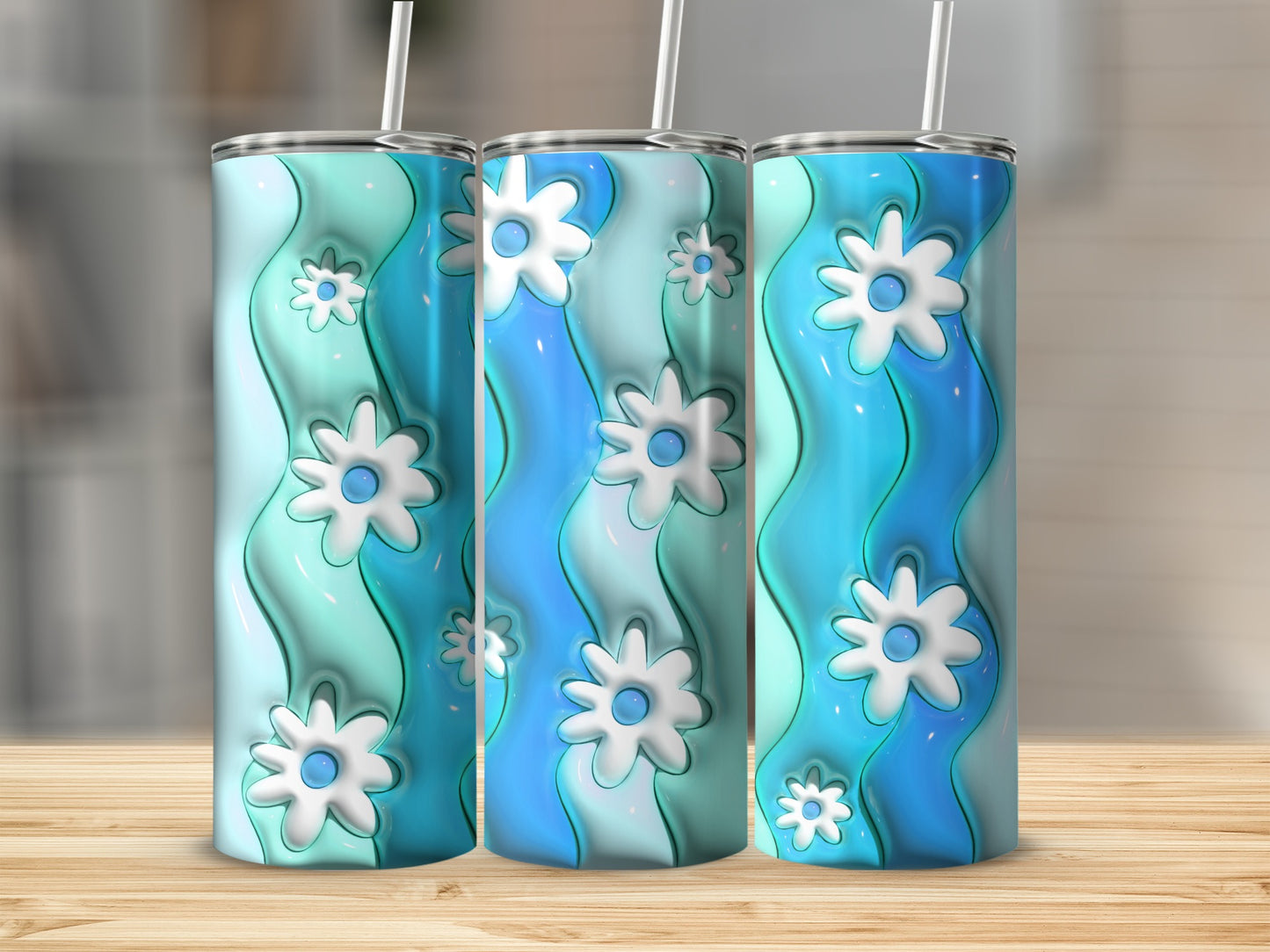 Blue and Green Wave Pattern with White Daisies Tumbler