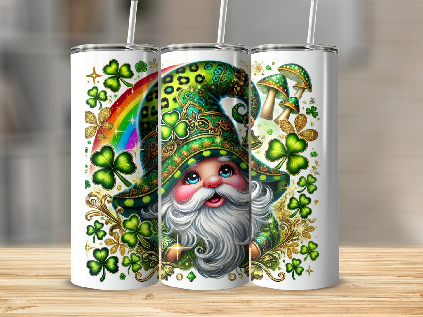St. Patrick's Day tumbler with a leprechaun, rainbow, and shamrocks.