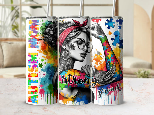 Autism mom tumbler with puzzle piece design and "strong" text.