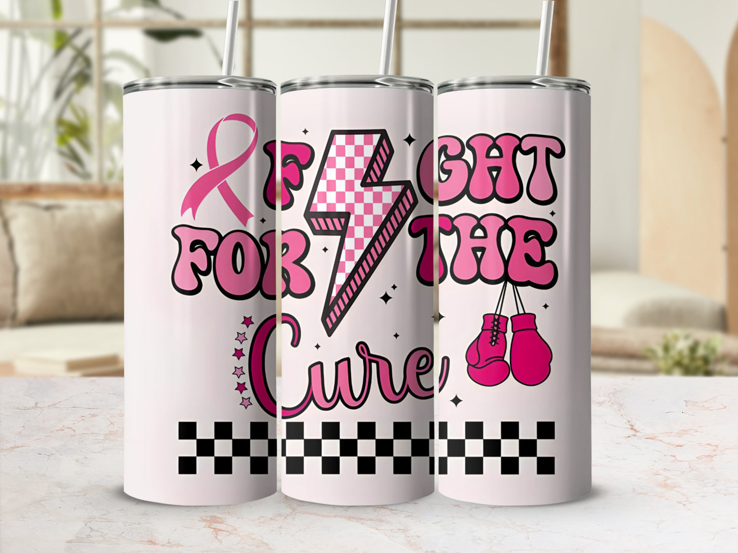 Pink ribbon tumbler with "Fight for the Cure" and boxing gloves.