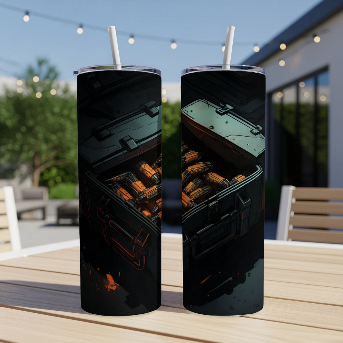 Two tumblers featuring a sci-fi ammo box design with orange cartridges.