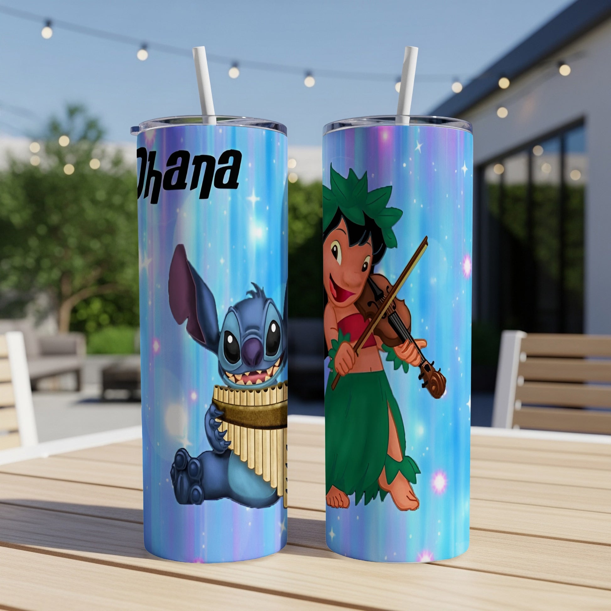 Two tumblers featuring Stitch playing panpipes and Lilo playing violin.