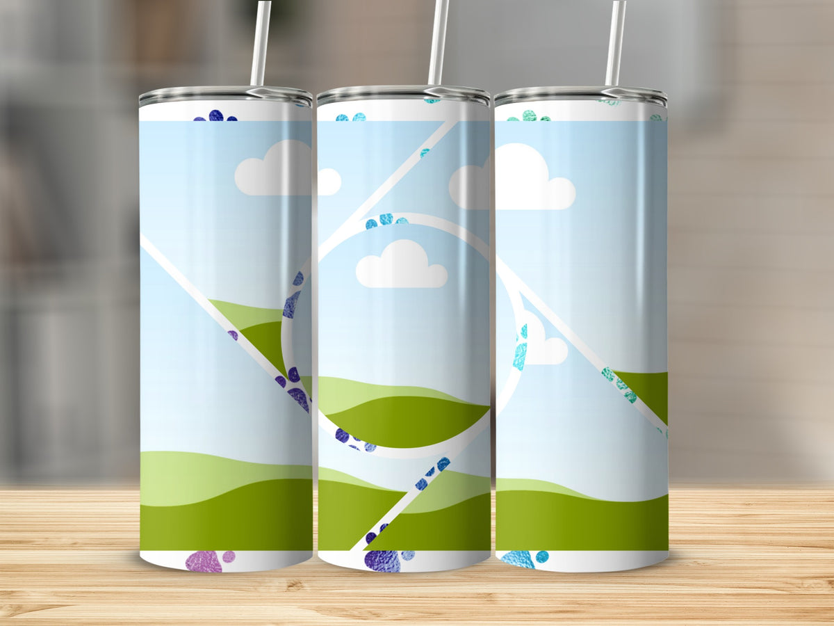 Three tumblers with a cartoon sky, clouds, and rolling green hills design.