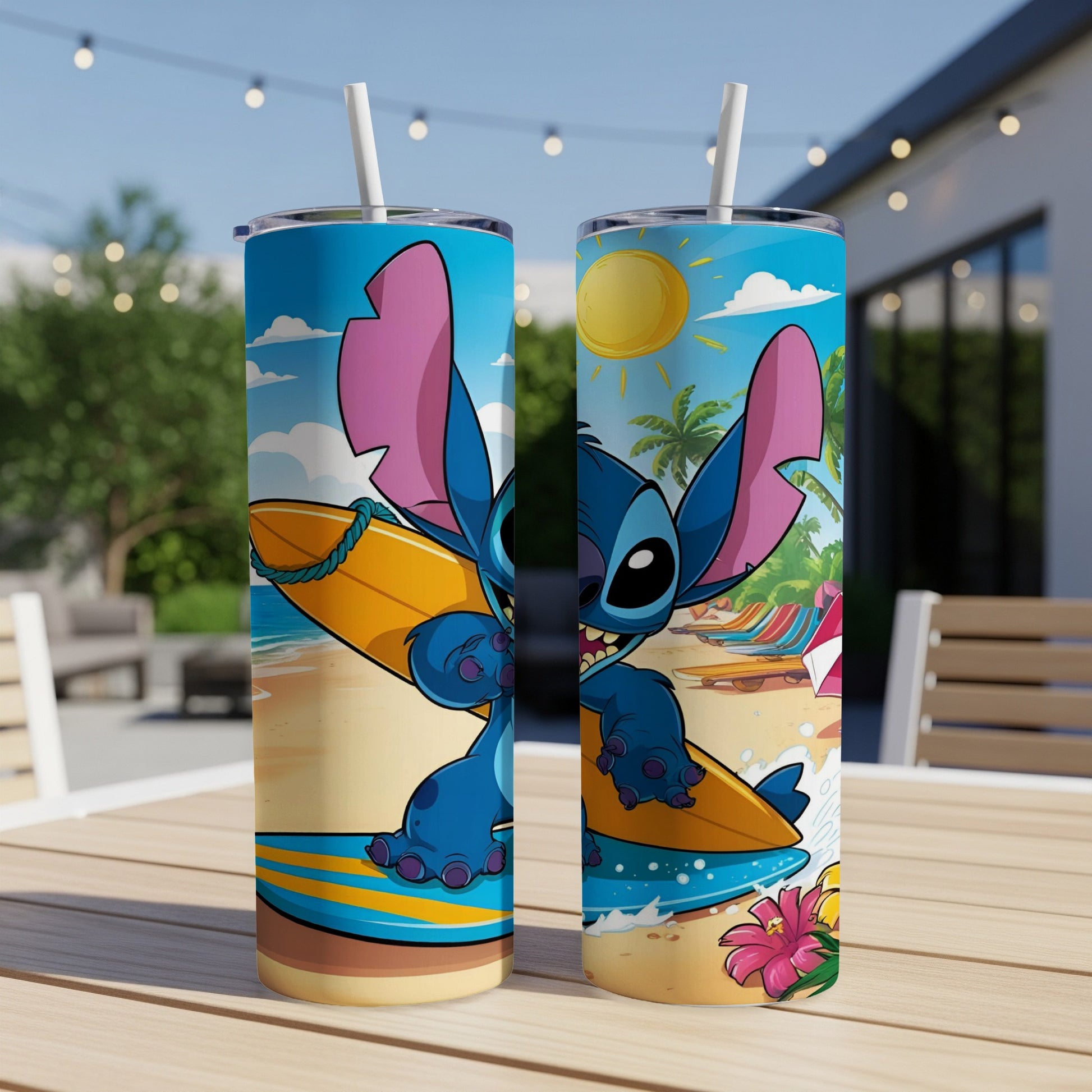 Stitch surfing a surfboard with a beach background.
