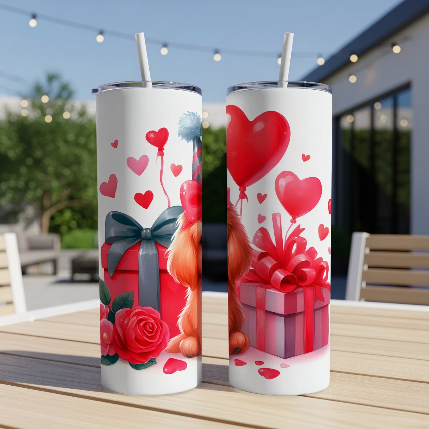 Two Valentine's Day themed tumblers featuring a dog, gifts, and balloons.