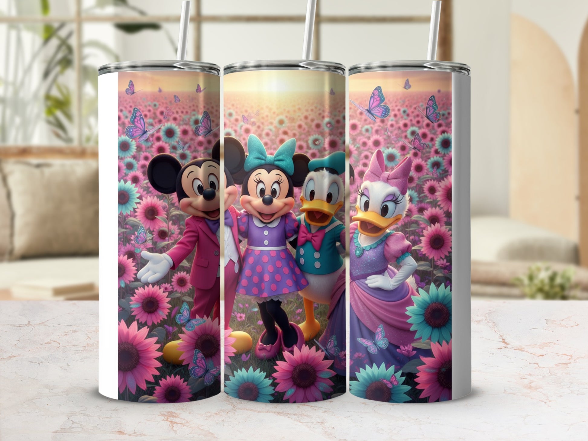 Disney Characters in Sunflower Field Design Tumbler