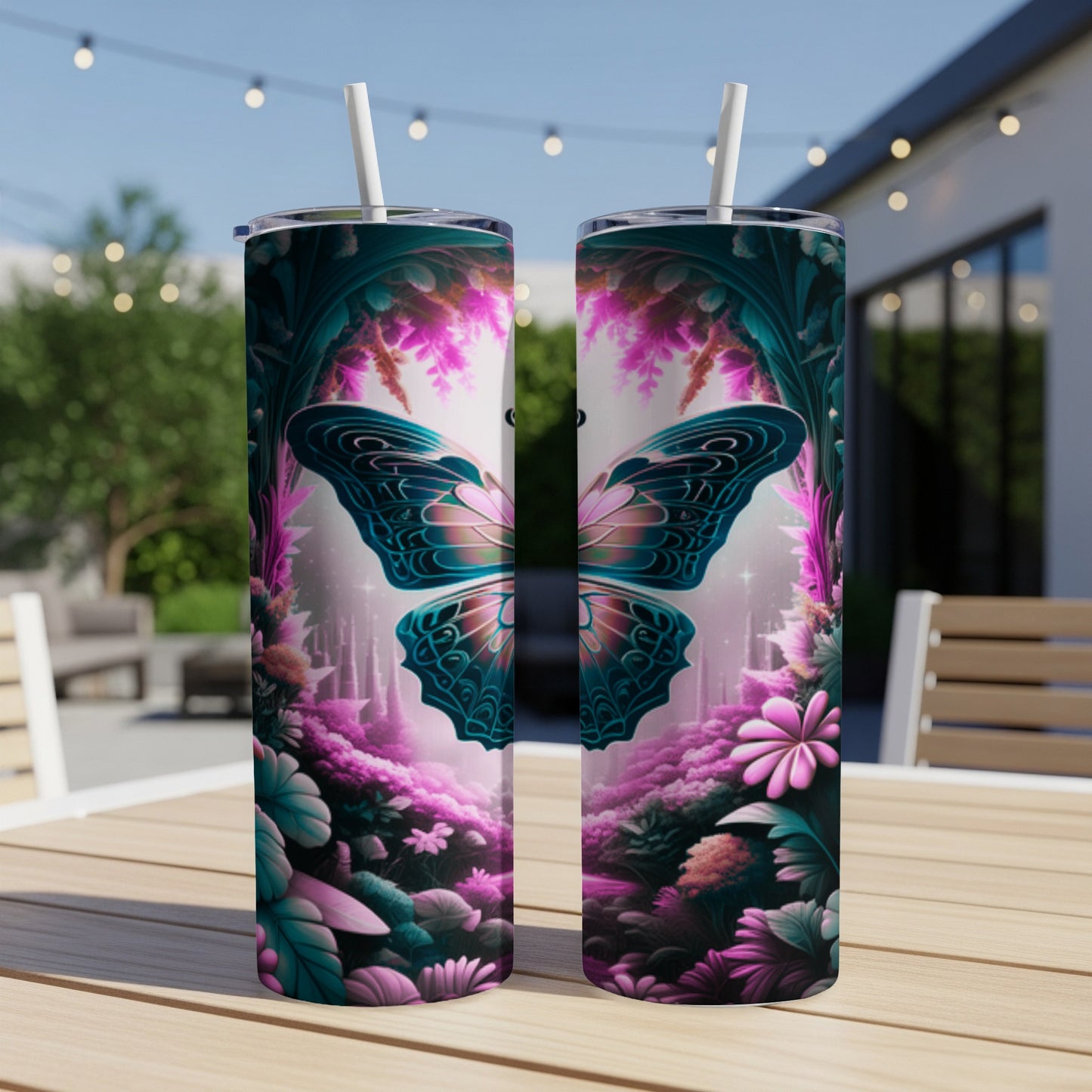 Tumbler with a vibrant butterfly and floral design on a blurred outdoor background.