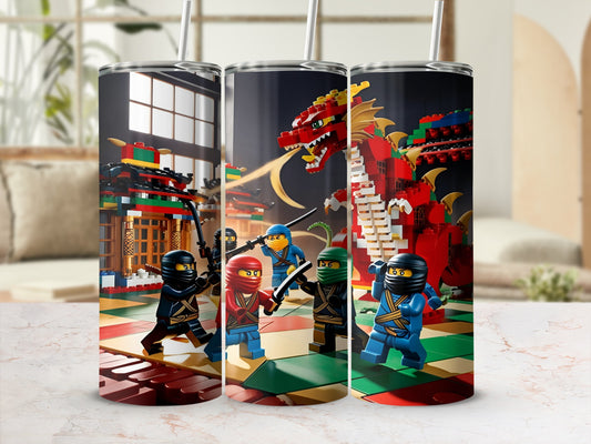 LEGO ninjas battling a red dragon on a colorful building block background.