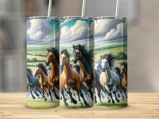 Three tumblers depicting running horses across a grassy plain under a cloudy sky.