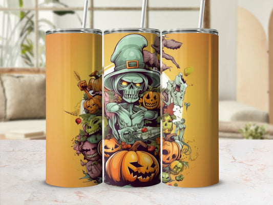 Halloween tumbler with spooky skeleton, pumpkins, and monsters on an orange background.