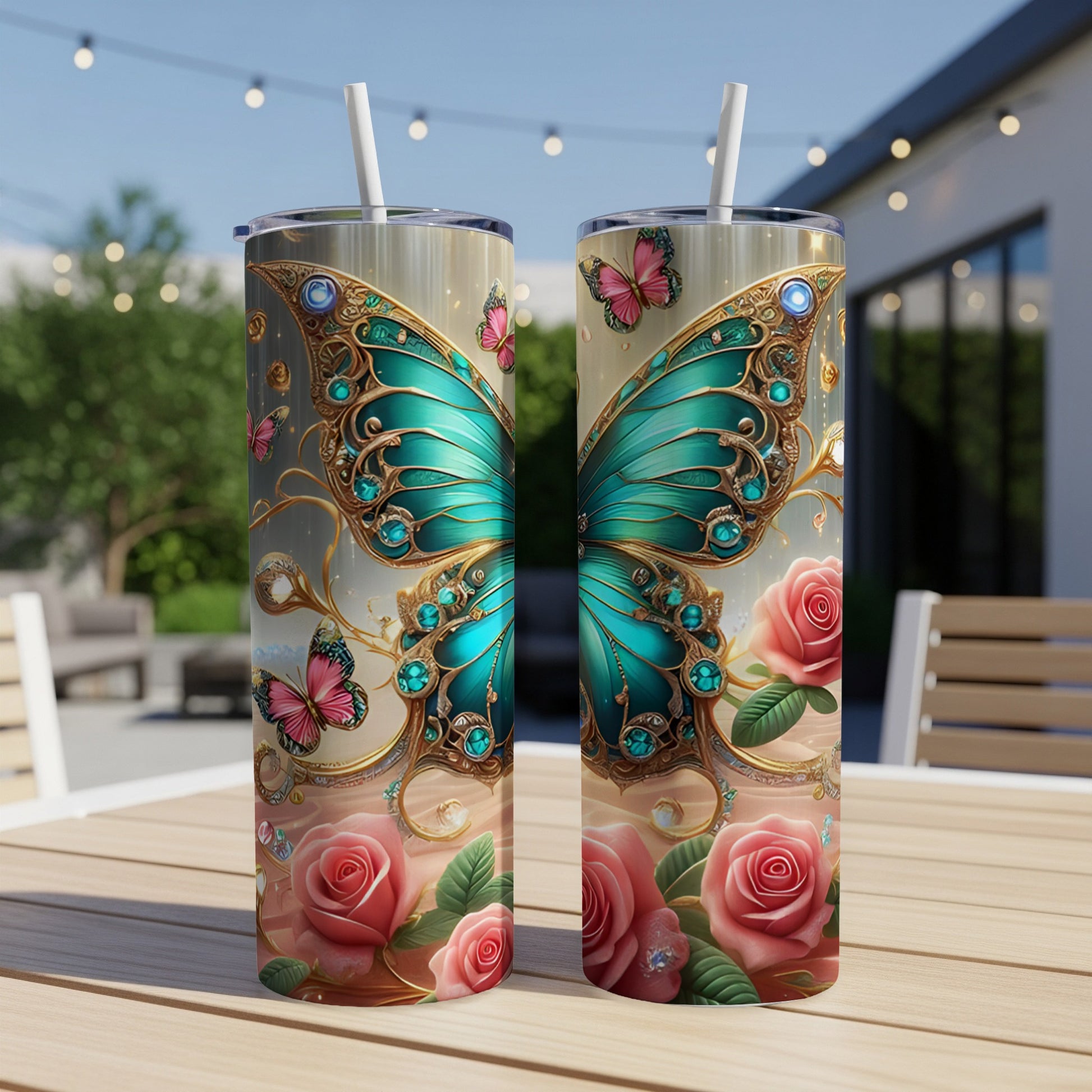 Two tumblers with teal butterfly and pink rose designs on a table.