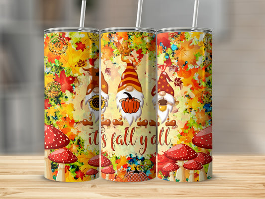Three tumblers with autumn gnomes, mushrooms, and "It's Fall Y'all" text.