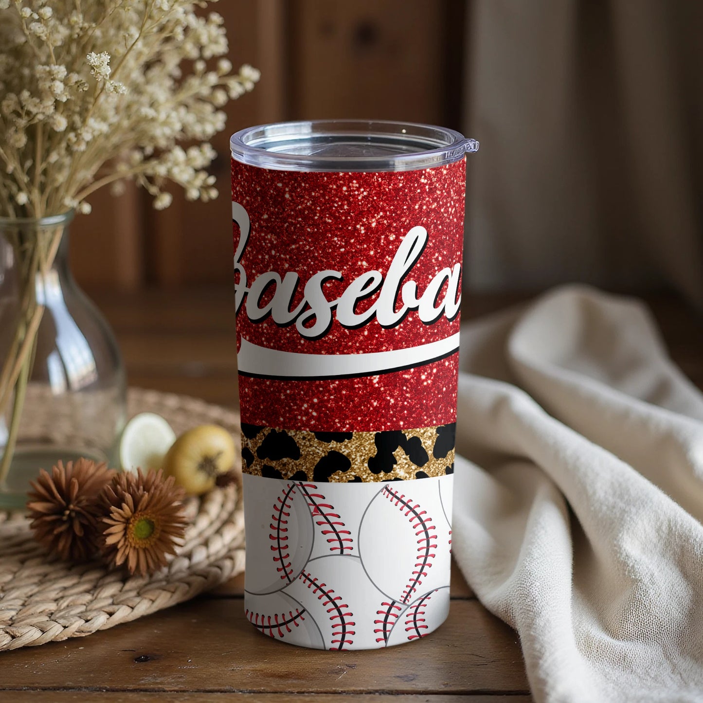 Sparkly Baseball Print Tumbler With Leopard Accents