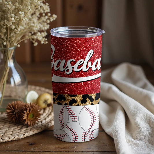 Sparkly Baseball Print Tumbler With Leopard Accents